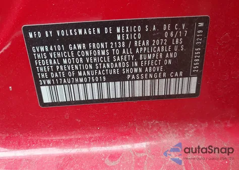 2017 Volkswagen Golf Tsi S 4-Door/Tsi Wolfsburg Edition 4-Door z USA, uszkodzony, nr VIN 3VW117AU7HM075019